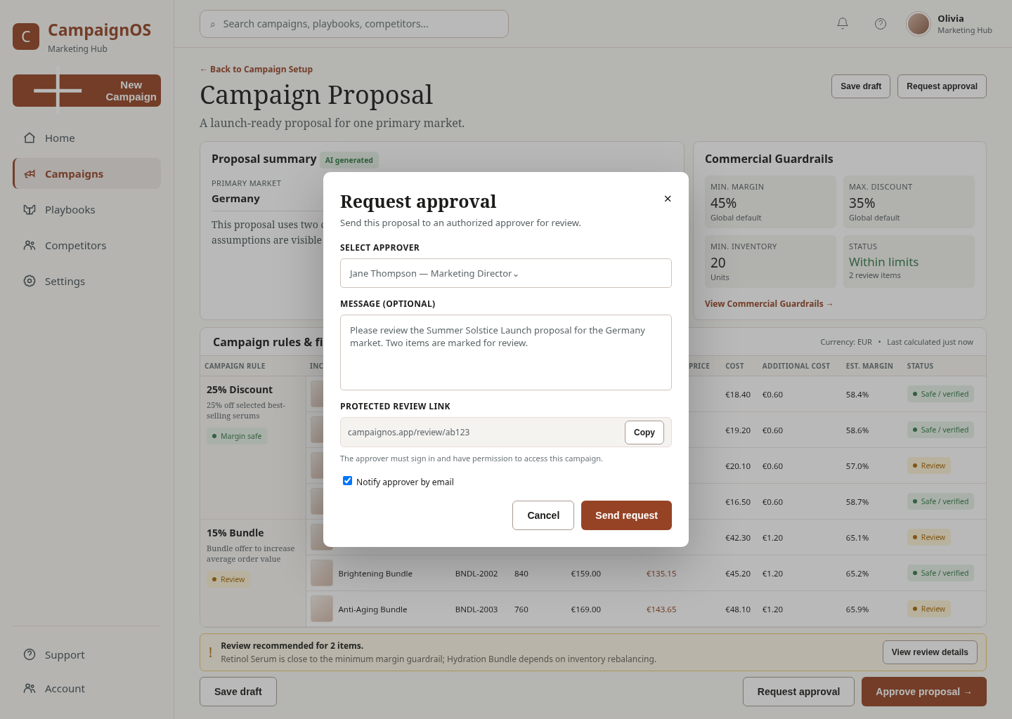 Syn2C beta approval flow with an authorized approver, review message and protected review link