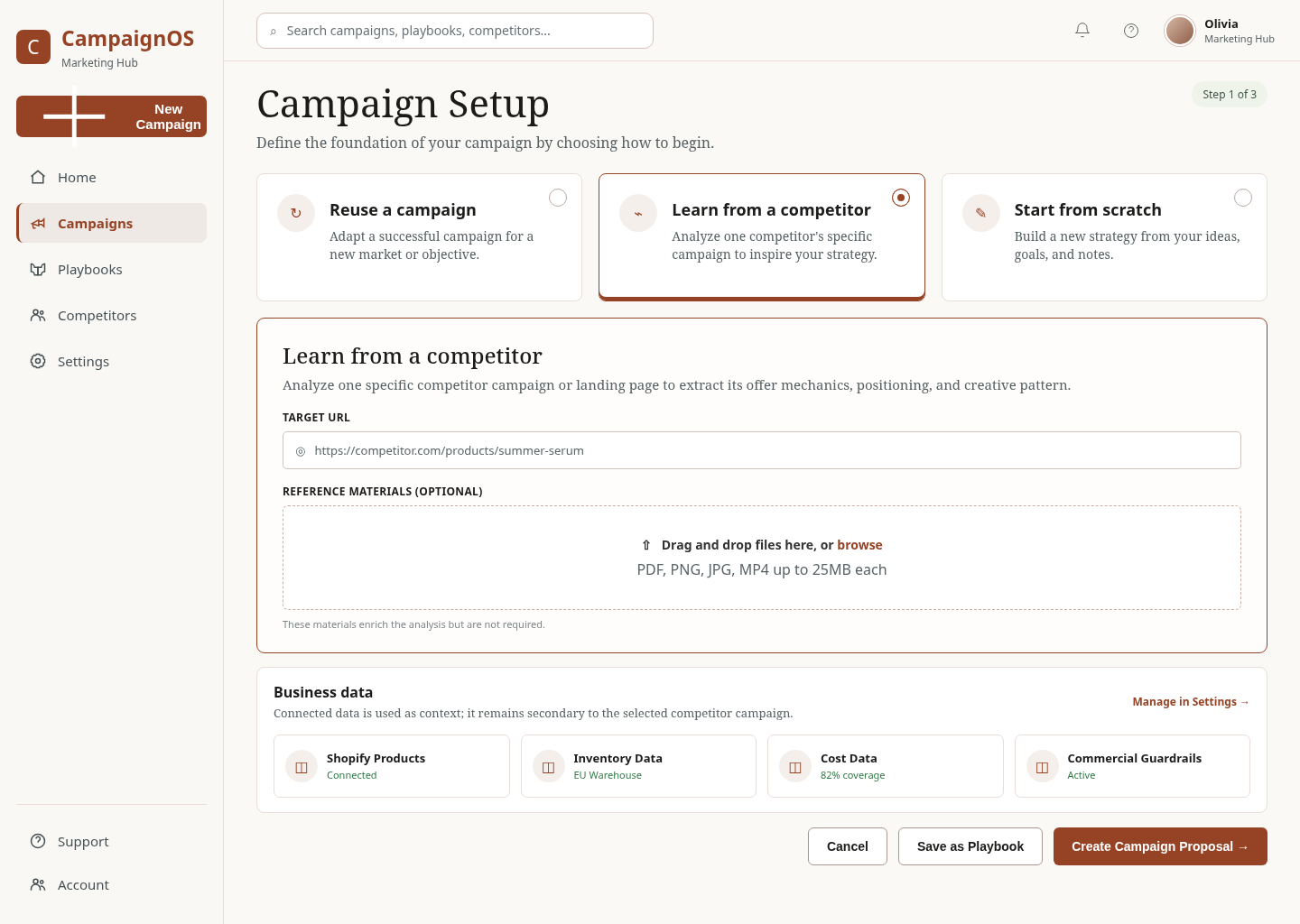 Syn2C beta campaign setup offering campaign reuse, competitor research or a new campaign brief